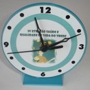 Relógio de mesa redondo e azul distribuído por ocasião da IV Estação de Saúde e Qualidade de Vid...