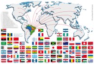 Mapa mundial com destaque para algumas bandeiras de países em que o TRE-DF possibilita a eleição...